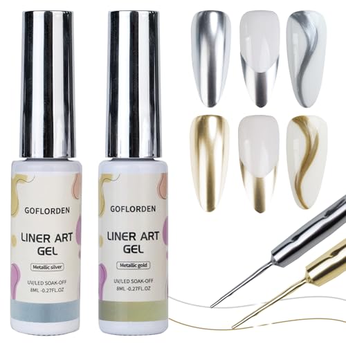 Esmalte de Uñas de Gel Metálico 2pcs Oro y Plata Metálico Liner Gel Nail Art 3D Efecto Cromo Polish Espejo Liner Nail Charms Build in Thin Brush 8ML DIY at Home Salon Quality Gift for Women