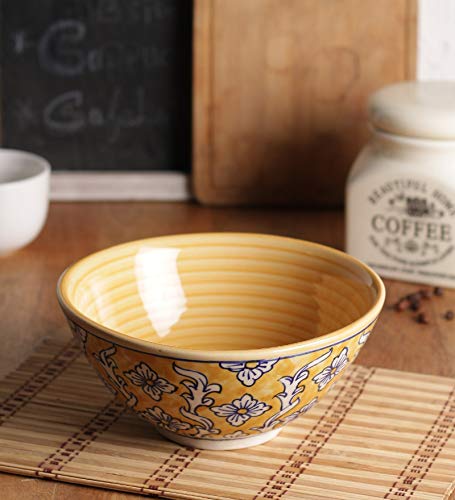 Image of miah decor Ceramic Bowl - Yellow Floral | Handcrafted Stoneware with Matte Finish | Big & Deep Multipurpose Serving Bowl for Rice, Curry & Snacks | Microwave & Dishwasher Safe | Ideal Gift | 1250ml