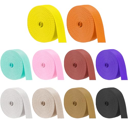 LAIAMER 10 Rolls Heavy Cotton Webbing 1 Inch, 32.8 Yard 10 Color Polyester Tubular Webbing Strap Tote Bags Leash Straps for Making Bag Handles, Cloth Belt, Crafts Outdoor Accessories