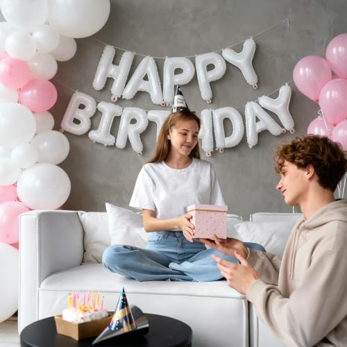 Image of White Happy Birthday Balloon Banner 16 Inch - White Birthday Decorations Happy Birthday Sign Reusable Foil Letters Balloons Suitable for Men, Women Party Decorations,Birthday Decor Party Supplies