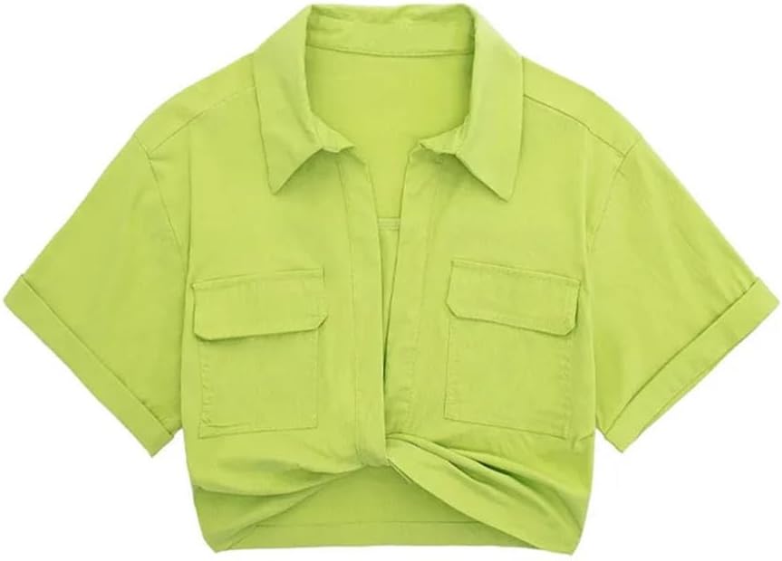 Women's Front Knot Stretch Vintage Short Sleeve Patch Pocket Cropped Shirt