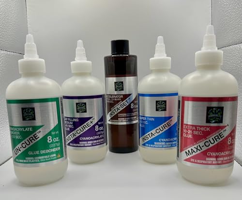 Bob Smith Professional Cyanoacrylate Adhesive Set, 8 oz Bottles, Super Thin, Medium, Extra Thick Formulas, Glue Debonder and Accelerator. Mega Combo. BSI, Hobby Bolts.