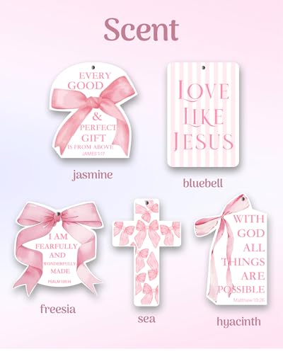 Image of Inspirational 5pcs Car Air Freshener Cute Pink Bow Coquette Bible Verses Automotive Accessories Car Interior Hanging Scents Mirror Decor Christian Gifts for Women Girls