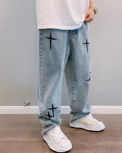 BAIMORE Men's Hip Hop Street Baggy Mid Waist Embroidery Cross Straight Wide Leg Loose Jeans2