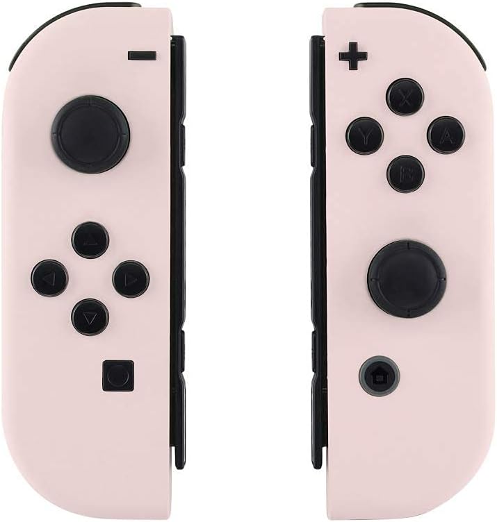 eXtremeRate Soft Touch Joycon Handheld Controller Housing with Full Set Black Buttons, Custom Replacment Shell Case with Pink Border Tempered Glass Screen Protector for Nintendo Switch Joy-Con