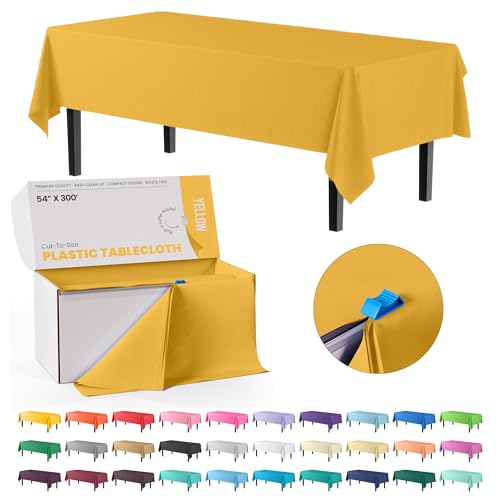 Image of Exquisite Party Solids Yellow Plastic Table Cover Roll 54 in x 300 Ft, Heavy Duty Waterproof Disposable Tablecloth Roll, Cut to Size Box with Slide Cutter for Party, Banquet, Wedding, Picnic