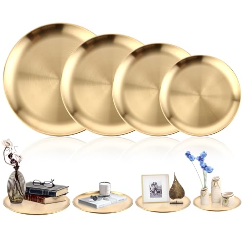 DAJAVE 4 vassoi rotondi dorati in metallo, piatti decorativi e vassoio decorativo per candele, in acciaio inox dorato (Ø 20/23/26/30 cm, oro)