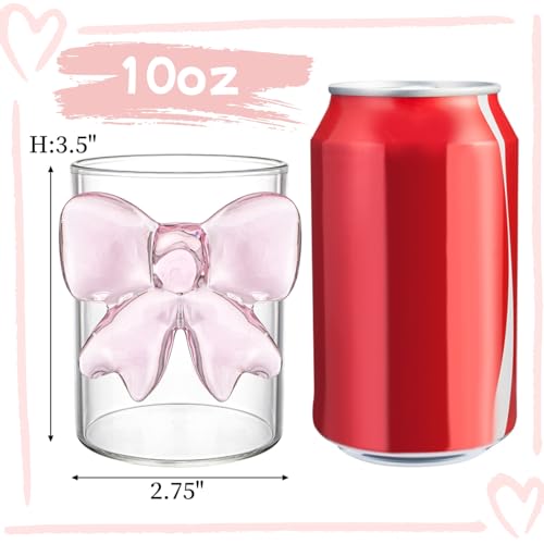Image of Goaste 4 Pack Cute Pink Bow Glass Cups, 10 oz Clear Water Glasses with Bow Design, Aesthetic Iced Coffee Mug Tumbler, Old Fashioned Cocktail Glassware for Women Friends Wedding Engagements Gifts Party