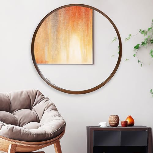 Image of MAGFLERUM Dark Brown Round Mirror, 28 Inch Wood Wall-Mounted Circle Mirrors, Suitable for Entrance, Bedroom, Living Room, Hallway, Bathroom, Vanity