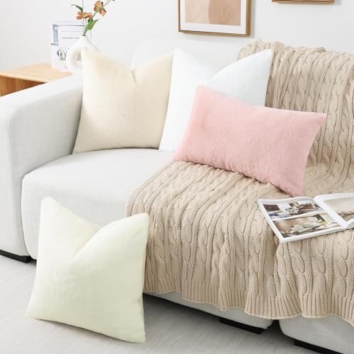 Pallene Faux Fur Plush Throw Pillow Covers 18x18 Set of 2, Luxury Soft Fluffy Cozy Decorative Pillow Covers for Sofa, Couch, Living Room, Blush Pink