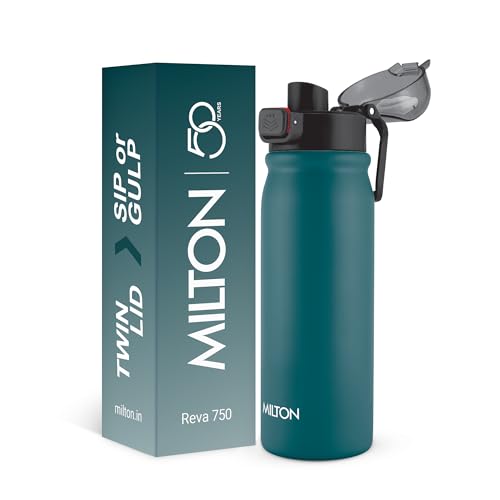 Image of MILTON Reva 750 ISI Certified Stainless Steel Water Bottle with Twin Lid Sip or Gulp, 750ml | Single Wall, BPA-Free, Leakproof | Sturdy Handle | Ideal for Home, Office, Gym & Travel, Teal Blue