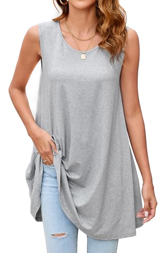 Enmain Graue Tank Tops Damen Sommer Ärmellose Tunika Top Lang Große Größen Longbluse Longshirt Lässig für Leggings Oberteile Shirt Locker 3XL