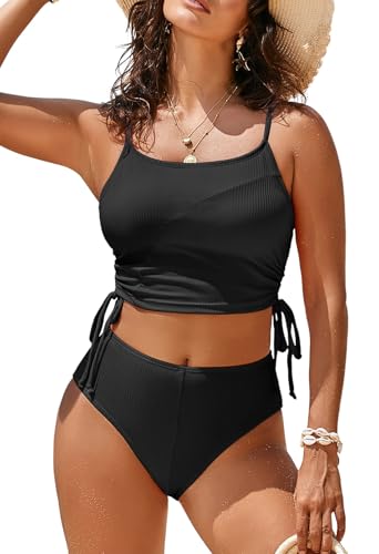 Pink Queen Women's 2 Piece Swimsuit Scoop Neck Ribbed Drawstring Ruched Crop Top High Waisted Bikini Sets Bathing Suit