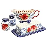 The Pioneer Woman Frontier Rose Butter Dish with Lid, Salt and Pepper Shaker Set and Gravy Boat, 5 Piece Set