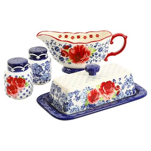The Pioneer Woman Frontier Rose Butter Dish with Lid, Salt and Pepper Shaker Set and Gravy Boat, 5 Piece Set