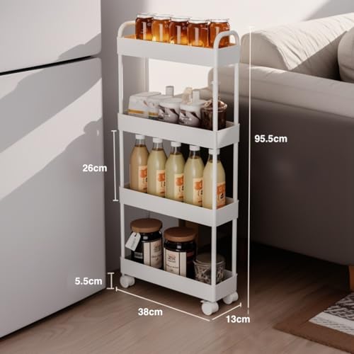 SVOHZAV キッチンワゴン 取手付 ペットボトル 収納カート 隙間収納 13cm/18cm/22cm スリム キャスター付き 収納ラック 小物 食品 調味料 洗面所 冷蔵庫横 台所 すき間ワゴン (ホワイト, 取手付−幅13cm−3段) [3]