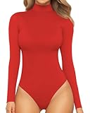 MANGOPOP Women's Sparkly Mock Turtle Neck Bodysuit Long Sleeve Body Suits Fall Outfit Tops Watermelon Red Medium