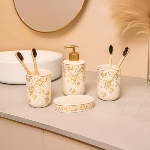 Image of Market99 Ceramic Bathroom Set Glossy White and Golden with Sophisticated Leaf Design, Includes Soap Dispenser, Tumbler, Toothbrush Holder, and Soap Dish for Coordinated Bathroom Style, 300ML Capacity