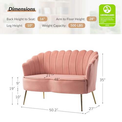 Image of HULALA HOME Velvet Loveseat Sofa with Gold Legs, Modern 2-Seater Sofa for Living Room Bedroom, Comfy Upholstered Small Love Seat Couch, Flower Shaped Back, Pink