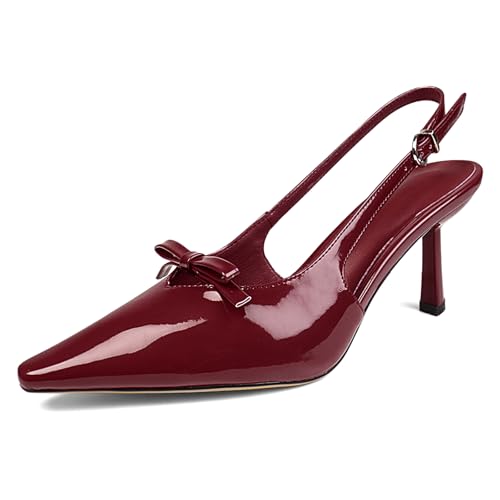 QIV Red Slingback Heels for Women Bow Pointed Toe Kitten Heels Closed Toe Low Heel Pumps