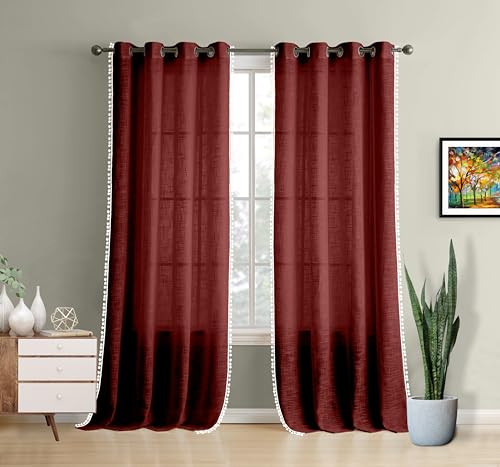 Image of THE LINEN COMPANY Cotton Sheer Grommet Curtains with Side Border Pompom Sheer Curtain for Window Linen Textured, Light Filtering, Pack of 2 (Maroon, 6 Feet)
