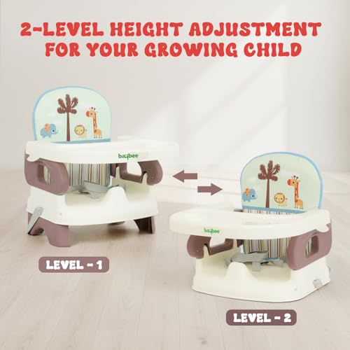 Image of Baybee Portable Baby Booster Chair for Feeding | Folding Dining Chair for Baby with 2 Level Height Adjustable, Food Tray, Safety Belt | Infant Sitting Chairs for Kids 6 Months to 3 Years (Brown)