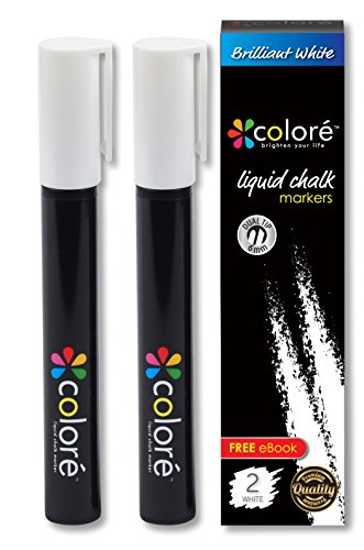 Colore Brilliant White Liquid Chalk Markers - Best For Restaurant Menu Board, Glass, Whiteboard, Kitchen Chalkboard Paint, Mirror, Blackboard, Windows - Great Chalk Ink Pens For Kids & Artist - 2 Pack