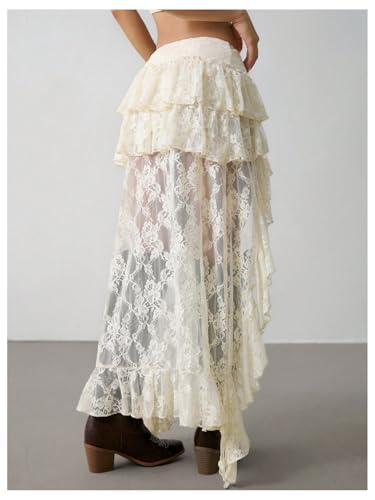Verdusa Women's Concert Outfits Sheer Lace Tiered Layered High Low Cowgirl Skirts Boho Western Ruffle Skirt2