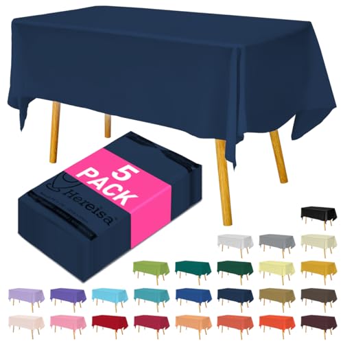 Hereisa Disposable Plastic Tablecloth Navy Blue 54x108 Inch, 5-Pack Waterproof Rectangular Table Cover for Parties, Picnics, Dining Protection