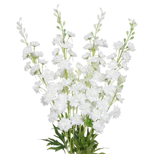 Tochgreen 237 4Pcs Delphinium Artificial Flowers White Larkspur Artificial Flowers 33.5'' Long Stem Plant Faux Floral Silk Flowers Fake Flowers cover