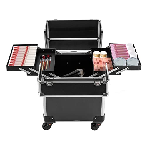 Multifunctional Rolling Makeup Train Case, Large Capacity Travel Trolley Case with Lock, Mobile Tool Organizer Storage Case with Universal Wheels, Load Capacity 110 lbs, for Hairdressing Nail Beauty