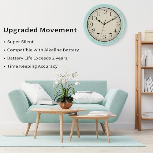 Image of Foxtop 14 Inch Wall Clock Battery Operated Silent Non-Ticking Round Classic Vintage Retro Wall Clock Decorative for Living Room Kitchen Home Office (Light Turquoise)