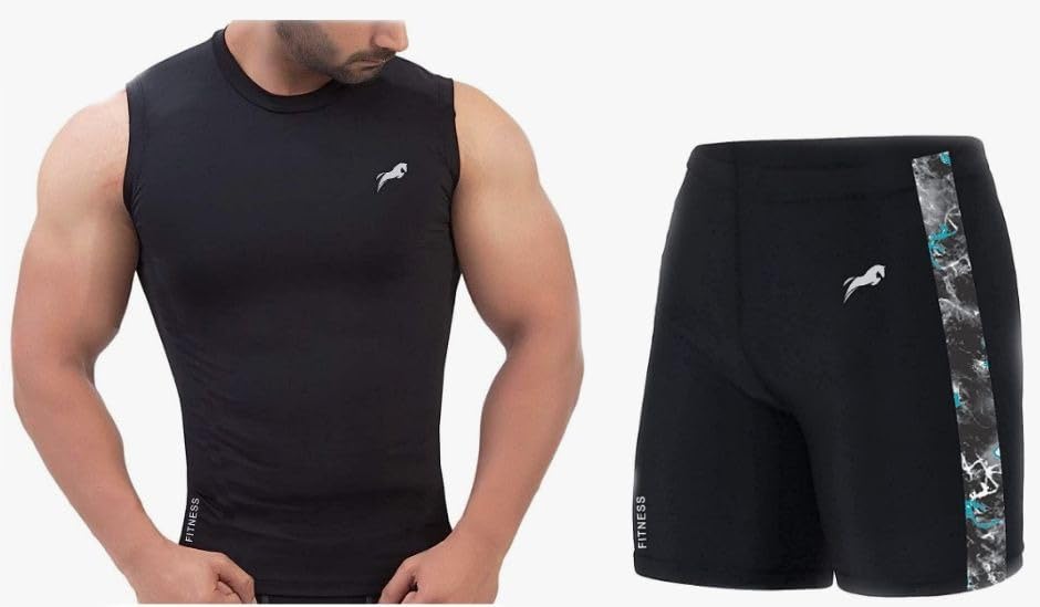 just rider Swimming Tshirts with Tights Compression Stretchable with Flat Look Top Sleeveless Tights T-Shirt for Sports Gym Short Combo-picture-35