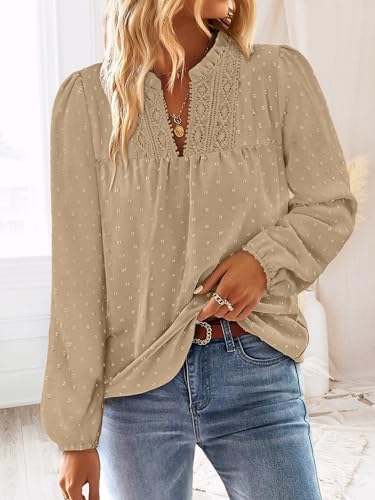 BETTE BOUTIK Women Boho Long Sleeve Shirts Dressy Casual V Neck Fall Fashion Tops Swiss Dot Flowy Blouses