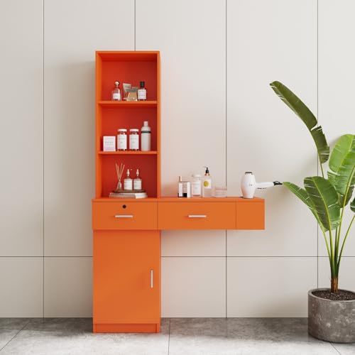 Modern 66.93" Tall Multi-Layer Hair Styling Storage Cabinet, Salon Spa Station with Appliance Holders and Lockable Drawer, Ideal for Salons, Barber Shops, and Home Use, Orange - Image 3