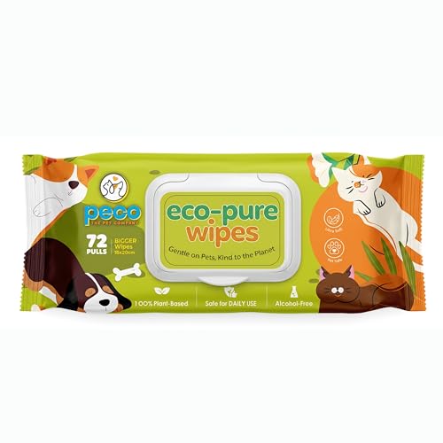 Image of Peco Eco-Pure Pet Wipes 360 Count (Buy 3 Get 2 Free)- 18 X 20 Cm | Biodegradable,Plant-Based Pet Grooming Supplies | Aloevera,Vitamin E,Castor Oil | Hypoallergenic & Alcohol-Free | Deodorising Wipes