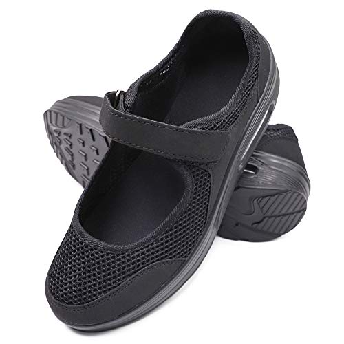 Secret Slippers Women Diabetic Walking Shoes, Air Cushion Breathable Mesh Slip On Walking Sneakers, Adjustable Strap Mesh Mary Jane Shoes Working Nurse Shoes For Edema Arthritis Black #TOP6