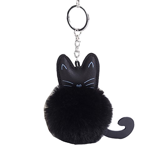 Kissweet PU Cute Cat Keychain Faux Rabbit Fur Pompom Puff Ball Key Ring Purse Backpack Handbag Charms for Women(Cat-black)