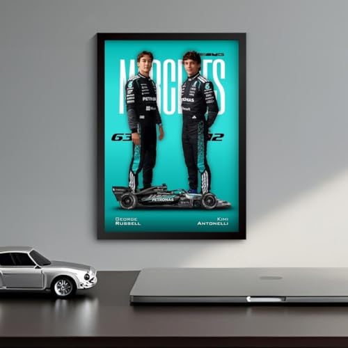 Image of George Russell Mercedes F1 Poster | Framed AMG F1 Car A4 Sized (31 x 23 cm) | Russell and Kimi Posters | Mercedes Car Frame for Wall, Gift for Boys, Formula 1 Frame | Formula 1 Frames (F 176)
