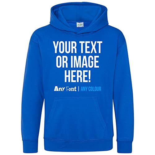 Purple Print House Personalised Kids Hoodie Any Text Image Photo Custom Boys Girls Hoody Hooded Sweatshirt, 7-8 Years, Royal Blue