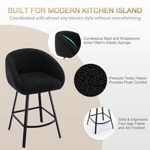 Image of Zesthouse Swivel Counter Height Stool, Modern Single Bar Stool for Kitchen Island, 26'' Black Sherpa Kitchen Counter Height Chair with Barrel Arms & Back, Upholstered Fabric Bar Chairs with Metal Legs