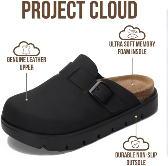 Project Cloud 100% Genuine Leather Platform Clogs for Women Footwear - Memory Foam Arch Support Cork Footbed Casual Shoes & Mules for Women 2026 (Benton Chunky) - Image 3