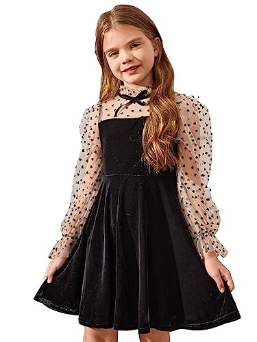 WDIRARA Girl's Heart Print Mesh Flounce Long Sleeve Bow Front A Line High Waist Party Dress