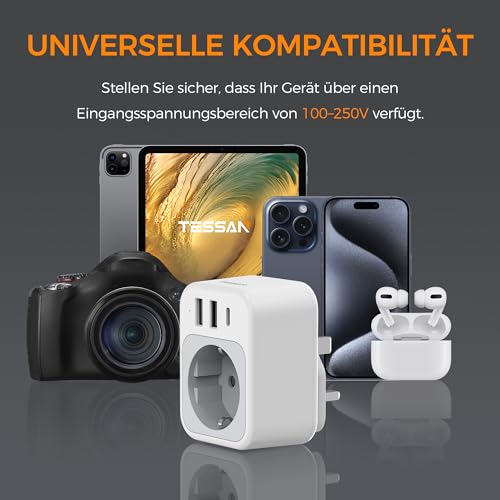 TESSAN 2er Pack UK Adapter England Deutschland Stecker, 4 in 1 Steckdosenadapter England mit USB C und 2 USB A, Reiseadapter UK 3250W, Adapter Typ G für Schottland Irland London Malta Dubai Maldives