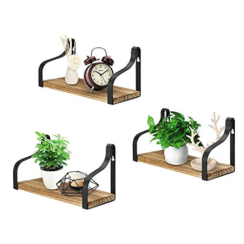UNHO Estanterías Pared de Madera y Hierro Juego de 3 Estantes Decorativos de Almacenamiento Baldas Flotantes Vintage Industrial para Cocina Sala de Estar Oficina