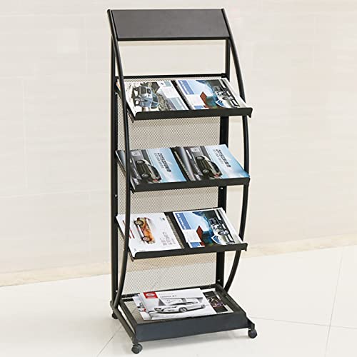 4 Bolsillos Floor Magazine Rack Metal, Soporte Robusto del Cartel con Las Ruedas para los hospitales Showrooms, Estante de exhibición del folleto ventilado Uso Comercial Fácil Asamblea