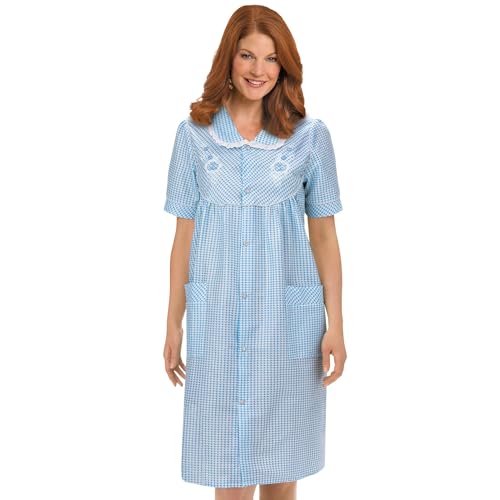 Collections Etc Gingham Robe with Floral Accents, Snap-Front Closure and Lace Trim