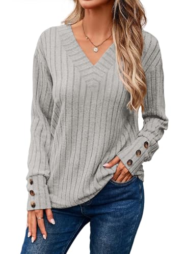 Image of Dokotoo Womens Tops V Neck Lightweight Sweater Fall Long Sleeve Top 2026 | Decorative Buttons, Soft Breathable Knit Material, Pullover Tunic Tops, Business Casual, Fall Outfits, Winter Clothing 2026