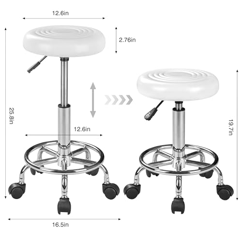 Image of VECELO Adjustable Rolling Home Office Desk Chair, PU Leather Swivel Drafting Chair with Wheels & Footrest, Height Adjustable Armless Task Stool for Home Office, Salon, Spa, White
