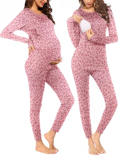 Image of Ekouaer Nursing Pajama Set Long Sleeve Maternity Clothes Labor Pregnancy Pjs Breastfeeding Thermal Underwear Sleepwear